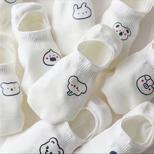 Women's White Socks Hosiery 10 Pairs Cute Print Soft Lightweight Low Cut Ankle